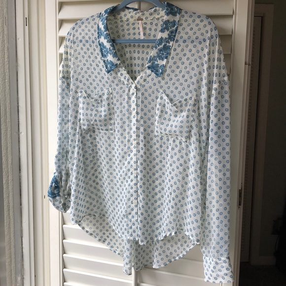 Sheer Teal & Ivory Free People button down. Sz M - Picture 1 of 7